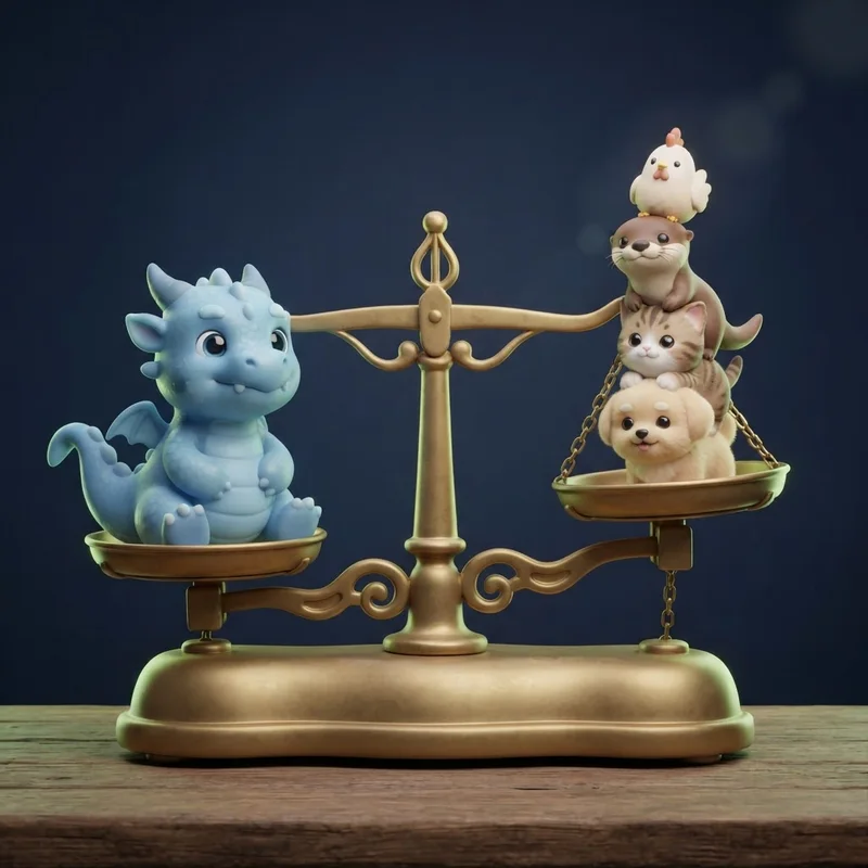 Cartoon balance scale weighing a frost dragon against a stack of smaller pets
