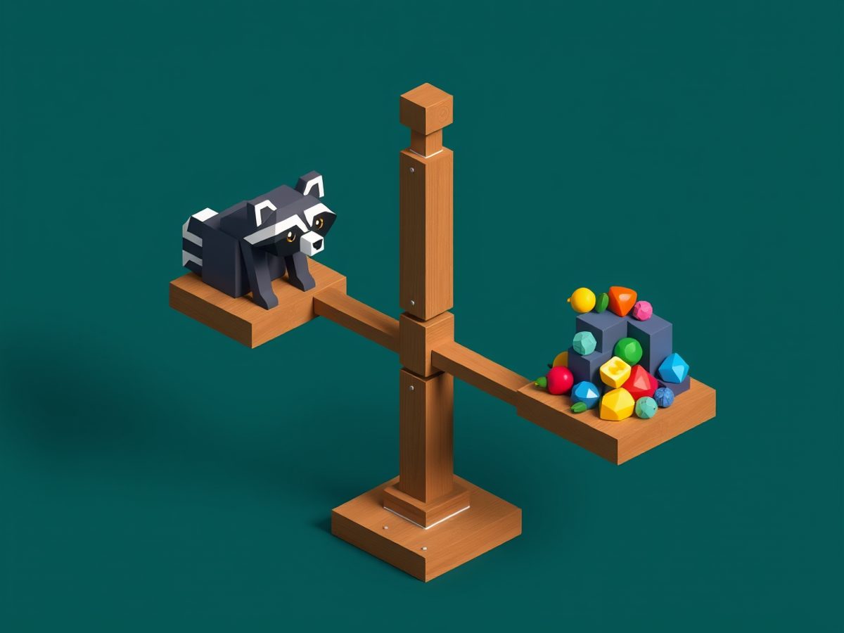 Voxel balance scale weighing a raccoon pet against fruit and gems
