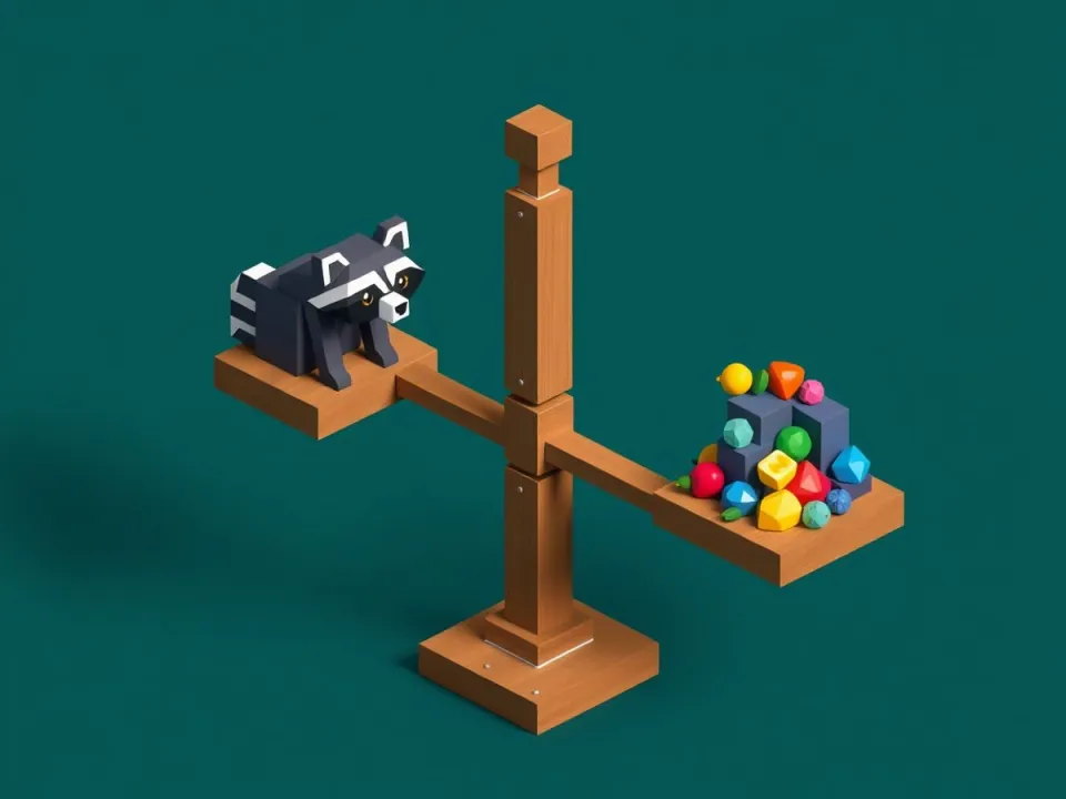 Voxel balance scale weighing a raccoon pet against fruit and gems